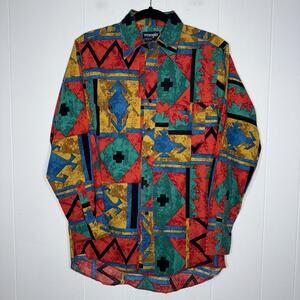 Wrangler Vintage Cowboy Cut Southwest Aztec Shirt Multicolor XLong Tails 15.5-33